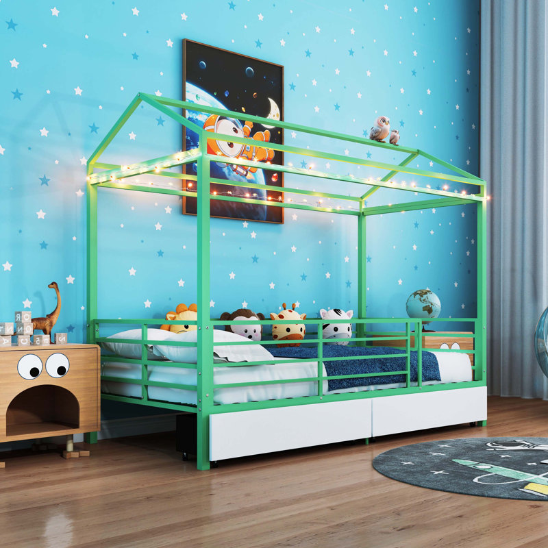 Lit de maison en forme de maison pour enfants avec structure de toit, lit pour tout-petits de style Montessori pour garçons et filles, sans sommier tapissier, vert