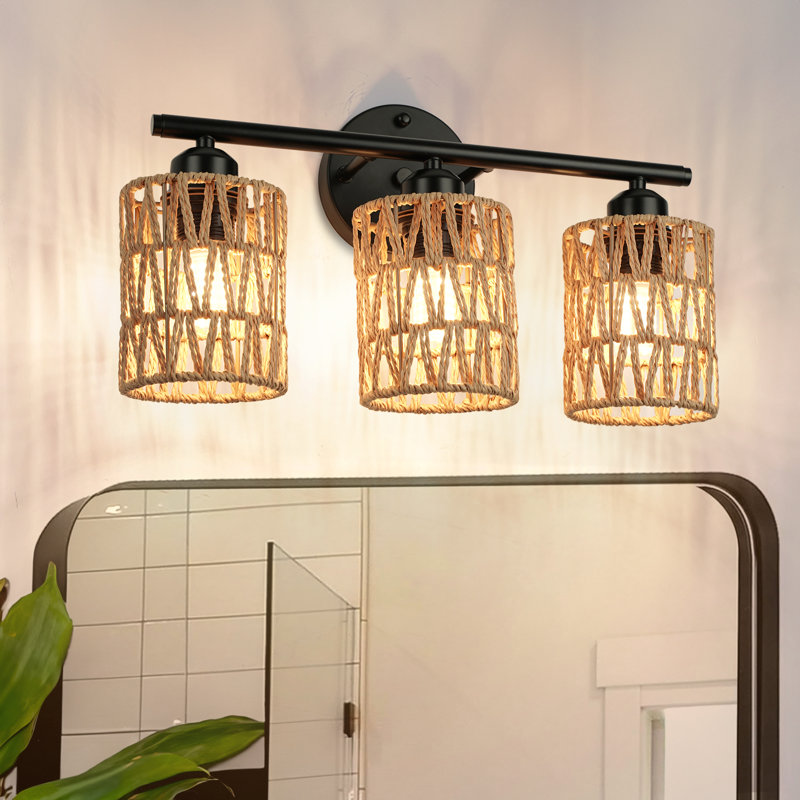 Applique murale à bras 3 lumières Boho avec abat-jour noir tissé pour miroir 