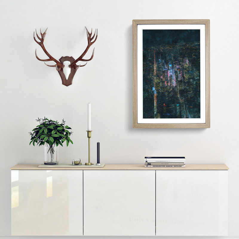 New York City at Night 1 Piece Single Picture Frame Wall Art on MDF, 33cm H x 24cm W x 2cm D, Oak Framed