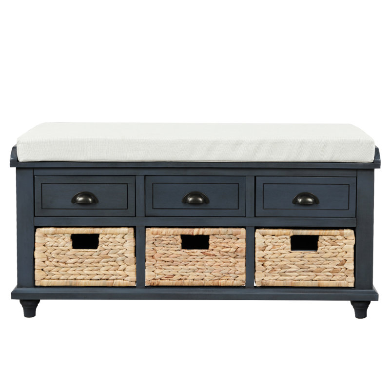 Banc de rangement rustique avec 3 tiroirs et 3 paniers en rotin, Marine antique
