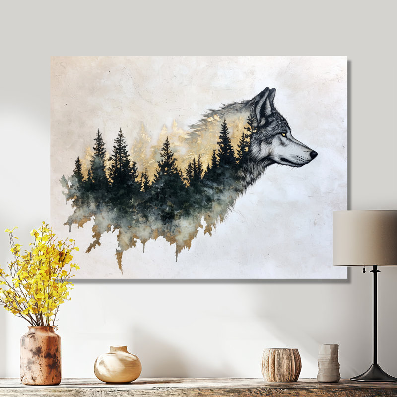 Loup silhouette double exposition forêt - animaux, décoration murale en métal, loup, H 12 po x l 20 po