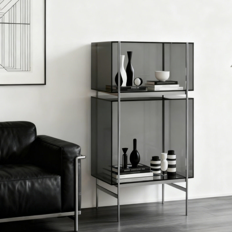 Acrylique gris + vitrines en acier inoxydable, Gris