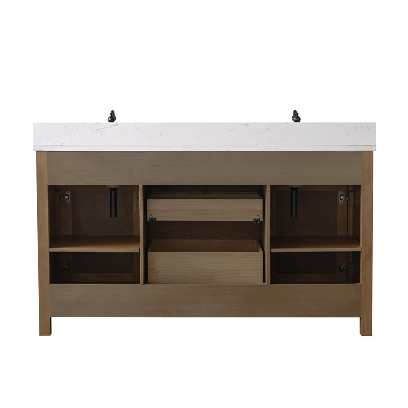 Meuble-lavabo double 60 po Ajiya, Blanc de Carrare, Naturel texturé / noir mat