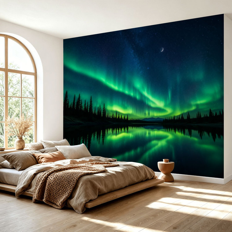 Papier peint adhésif mural Aurora Northern Lights Lake Trees, L 69 po x l 96 po