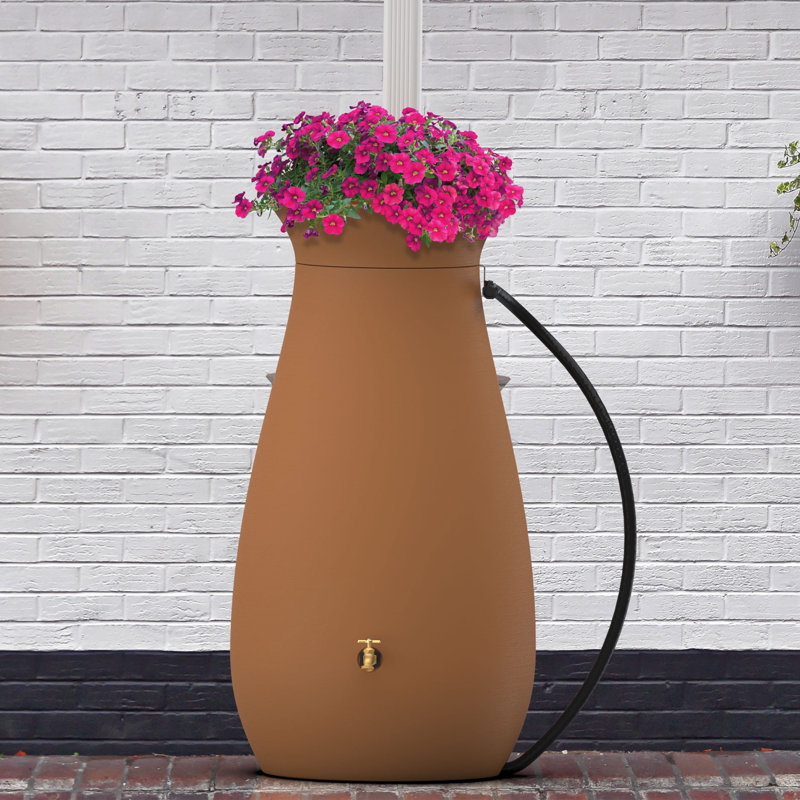 Baril d'eau de pluie en plastique 65 gallons avec plateau à fleurs, Terre cuite