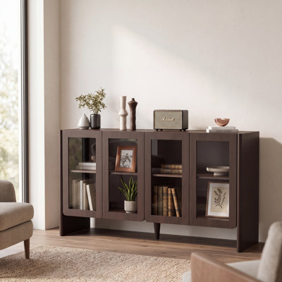 55" Wide Dark Walnut 4-Door Glass Accent Cabinet