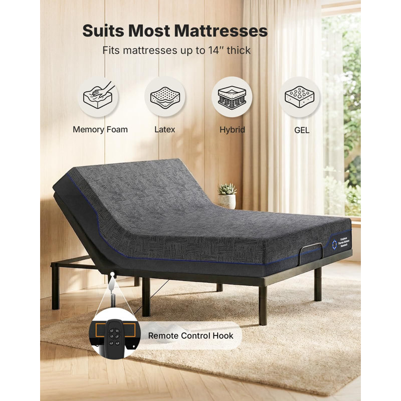 Adjustable Bed Frame, Independent Head And Foot Incline, Quiet Motor, Adjustable Bed With Wired Remote Control, King