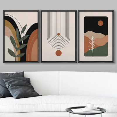 Bohemian-style plants " Brown Plant and Polygon Variety Abstract Shapes Illustrations Mid Century Modern Art Boho Colorful " 3 Piece Art Set