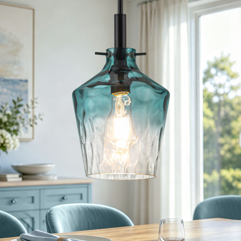 Suspension en verre à 1 lumière (20 cm de large), hauteur réglable, idéale pour îlot de cuisine ou au-dessus d'un évier.