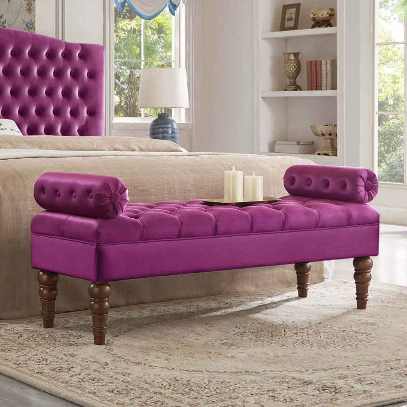 Banc rembourré en velours avec pieds en bois pour le vestibule de la chambre à coucher, Violet