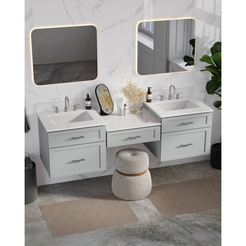 Meuble-lavabo double mural 72 po avec comptoir en quartz Carrara, Gris