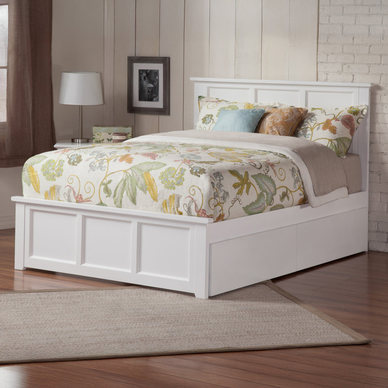 Lit plateforme avec rangement sous le lit Amear, Blanc, Grand lit