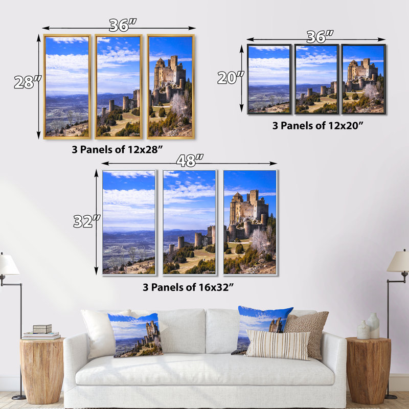 «Medimar Loarre Castle Panorama», ensemble de 3 reproductions encadrées sur toile, Cadre noir, H 20 po x l 36 po x P 1 po