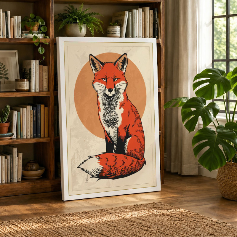 Fox in Circle Modern - Wrapped Canvas, 36x24 - 91.4 x 61.0 cm, Taupe Border