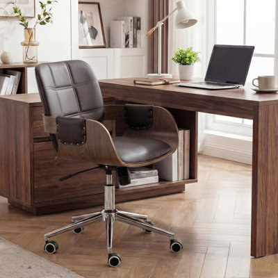 Lisa Swivel Height-Adjustable Tilting Faux Leather Task Chair With Curved Wood Design by George Oliver