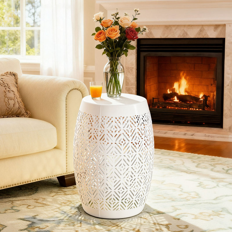 18" H LED Metal Side Table, Geometric Cut-Out Drum Design, Weather-Resistant for Outdoor Indoor, Glossy White Geometric