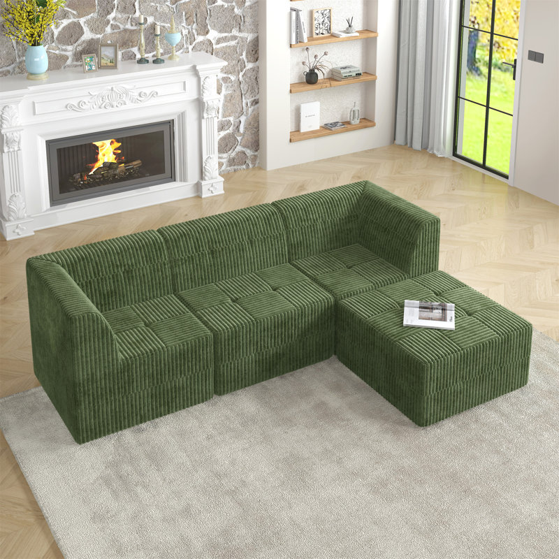 L Shape Modular Sectional Sofa, Green Fabric