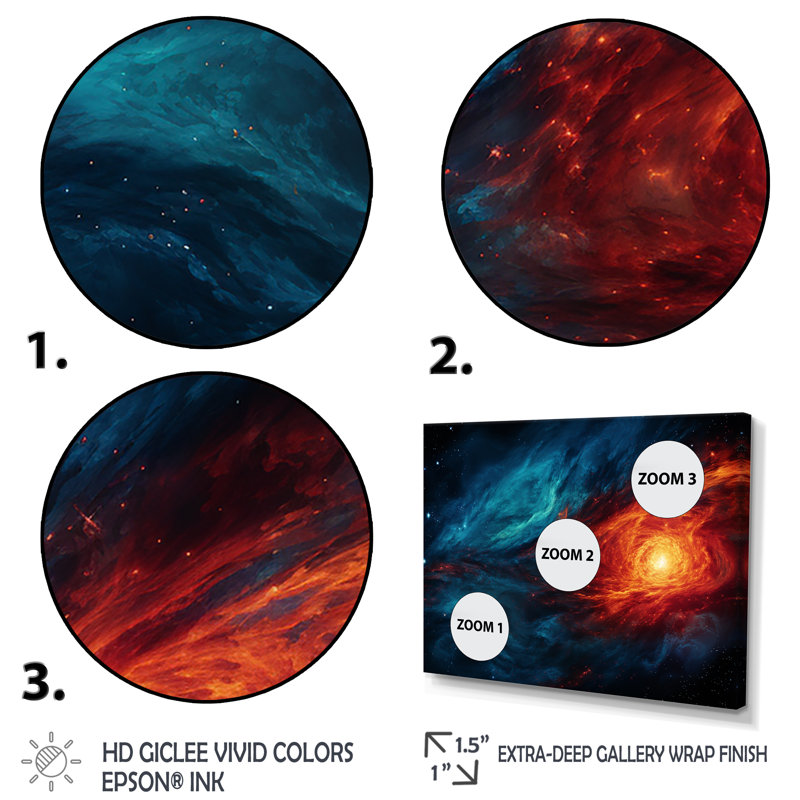 Bleu et orange, nébuleuse cosmique I - art mural de la planète espace, Cadre d'angle fermé noir, H 34 po x l 44 po x P 1,5 po