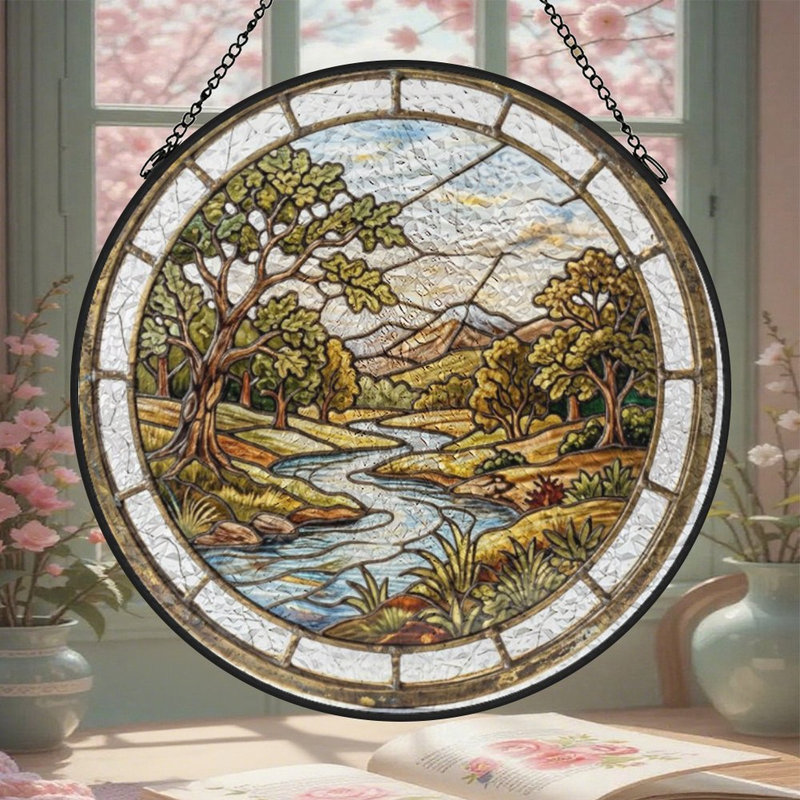 Vitrail Circul (1) _2 panneaux en verre coloré Suncatcher pour décor de fenêtre, 11.8x11.8in(30x30cm)