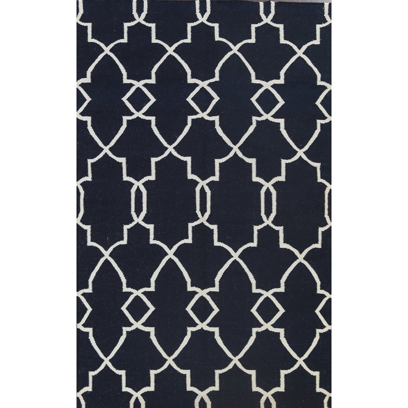 Tapis bleu marine / ivoire en laine tissé à plat à la main à motif géométrique