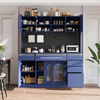 Freestanding 63'' W Buffet With Hutch, Large Coffee Bar Storage Cabinet, 6 Drawers, 5 Cabinets, Adjustable Shelves, Pegboard, Towel Rack, Power Outlet