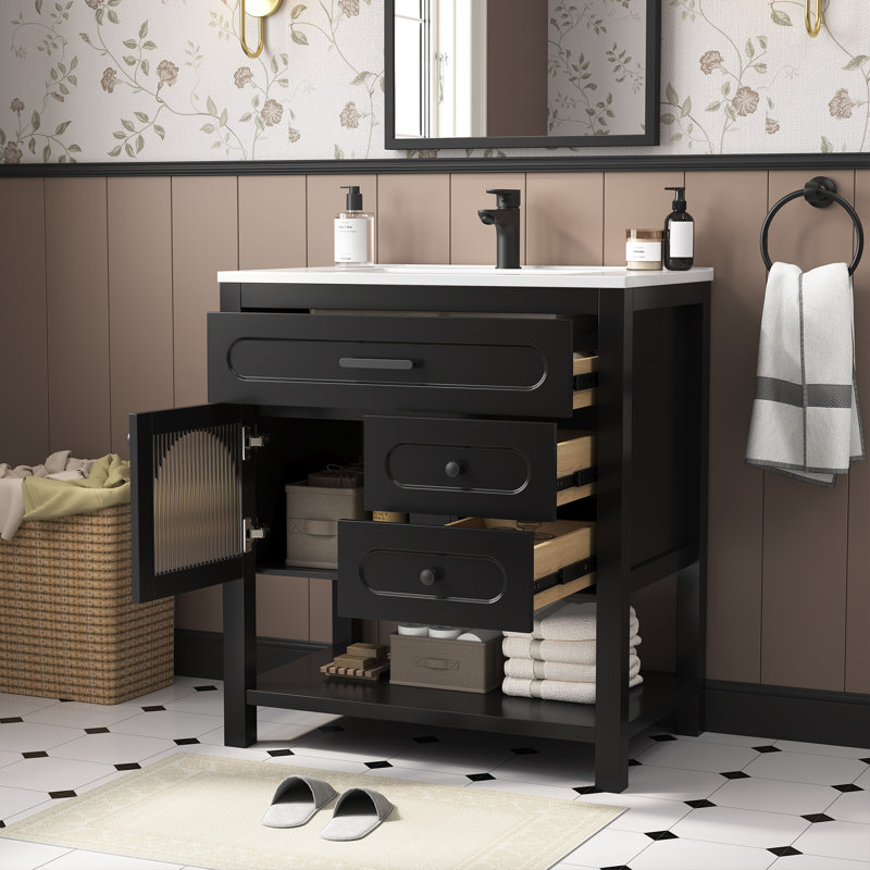 30" Freestanding Single Solid Wood Frame Bathroom Vanity with Composite Solid Surface Top
