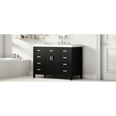 Meuble-lavabo noir 48 po avec lavabo, 2 portes à fermeture douce, 8 tiroirs, corps d'armoire, pieds en pin massif, 3 trous de robinet en résine, poignées en aluminium, convenant aux éviers de moyennes et grandes décorations, classique