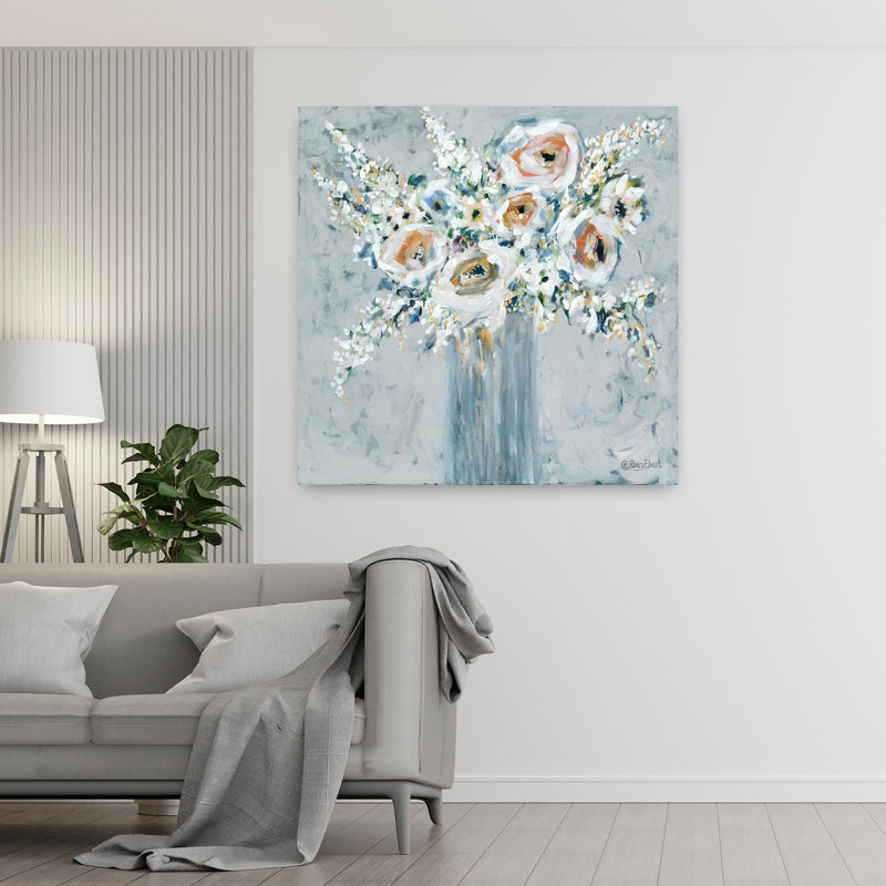 Fleurs dans un vase bleu abstrait, art floral contemporain, H 48 po x l 48 po