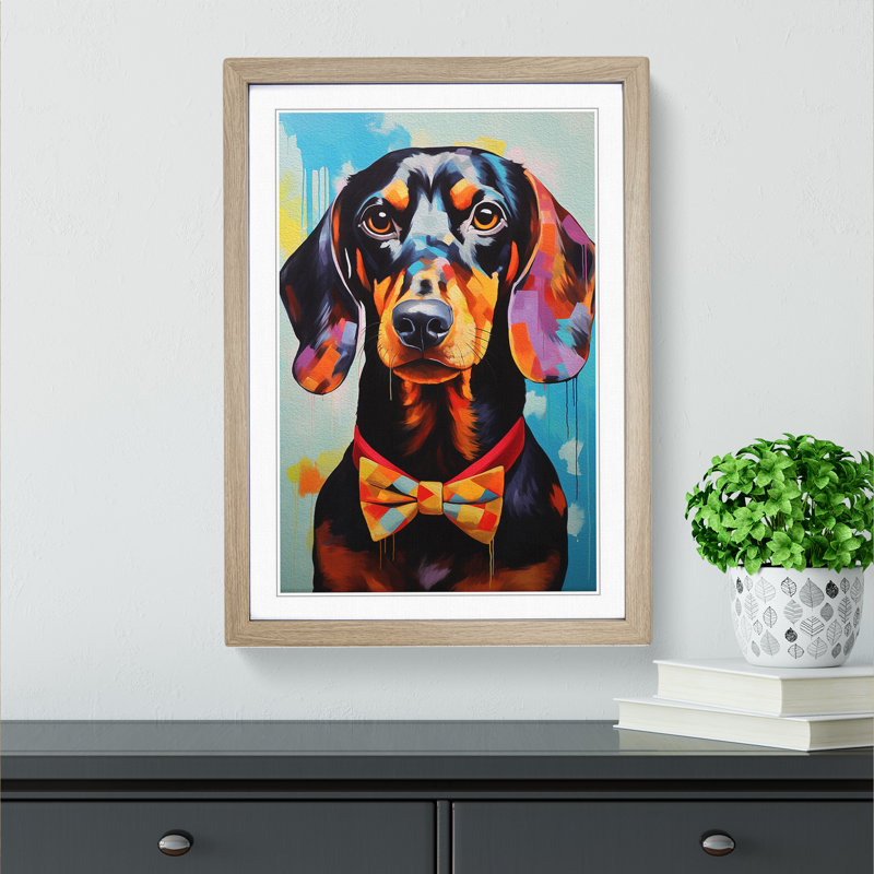 Dachshund Modern - Single Picture Frame Print on Wood, 34cm H x 25cm W x 2cm D, Oak