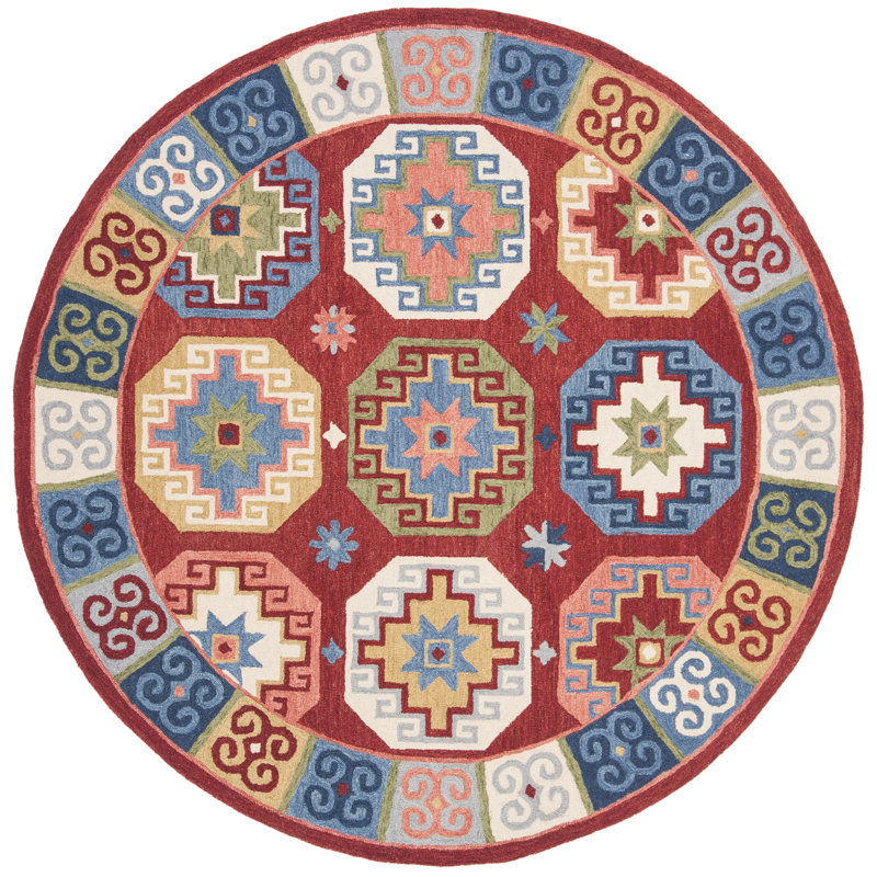 Vahakn Hand Tufted Wool/Cotton Southwestern Rug in Blue/Red, Round 7'
