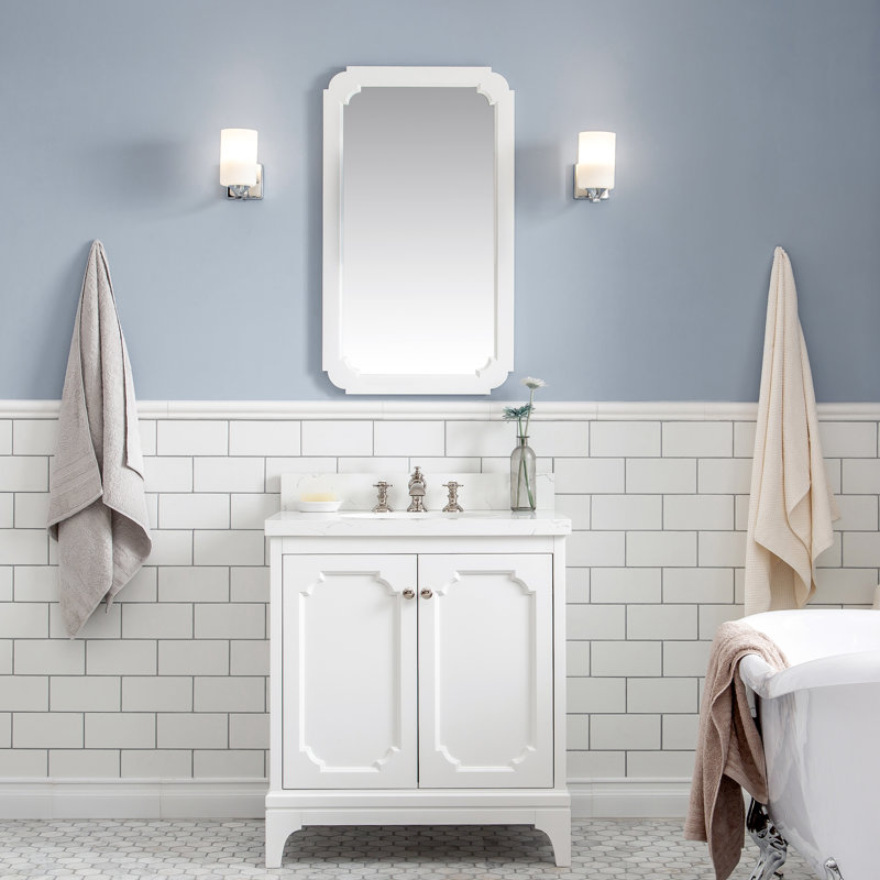 Queen 30" Sink Carrara Engineered Marble Countertop Bath Vanity with Faucet and Mirror, Waterfall, Pure White