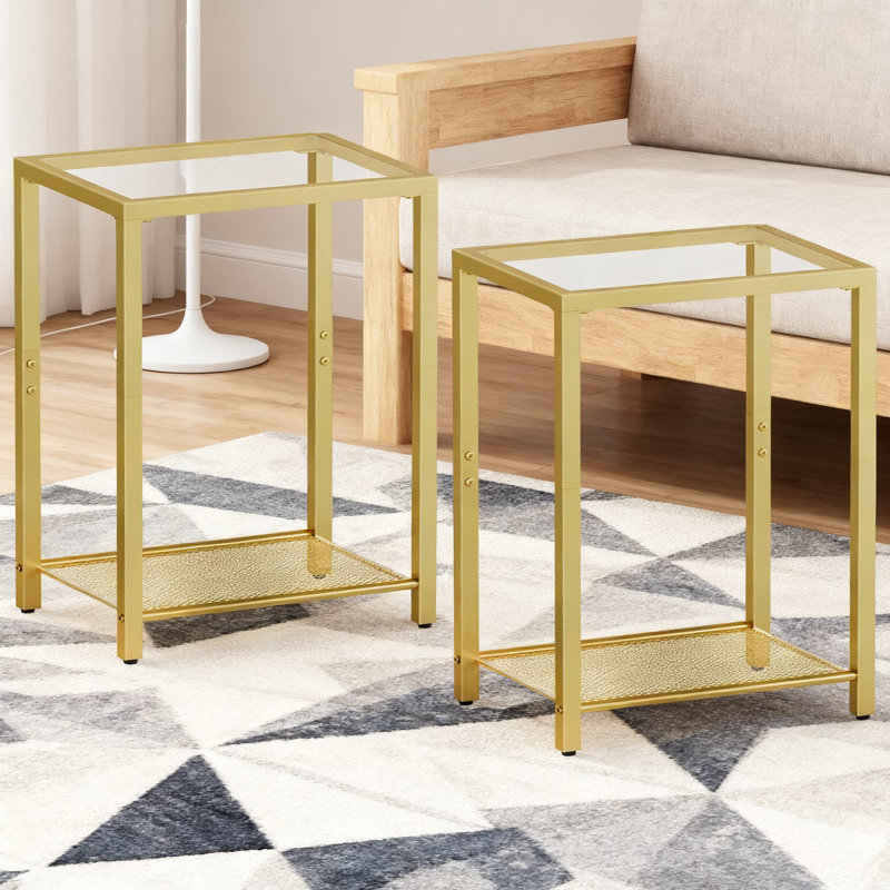 Set Of 2 Modern 2-Tier Side Tables With Tempered Glass, Space-Saving End Tables And Nightstands With Sturdy Metal Frame For Living Room, Bedroom, And Office