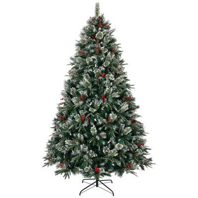 Artificial Christmas Tree 8Ft Snow Frosted Xmas Tree Pre-Decorated Christmas Tree With Pinecones & Berries Metal Stand, Easy Assembly For Home, Office, Holiday