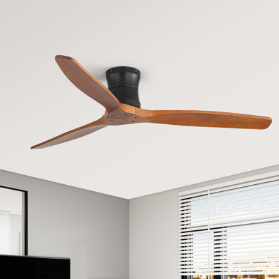 52" Indoor 3 Solid Wood Blade Dc Motor Flush Mount Ceiling Fan No Light,Remote Control