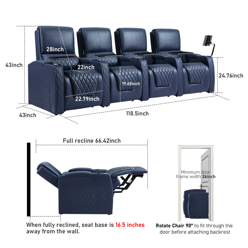 Canapé inclinable électrique Haiylee , Cuir véritable bleu
