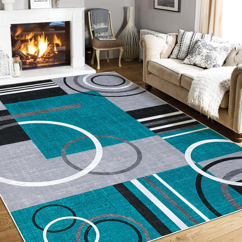 Rectangle Geometric Washable Area Rug, Teal, Rectangle 200 x 290 cm