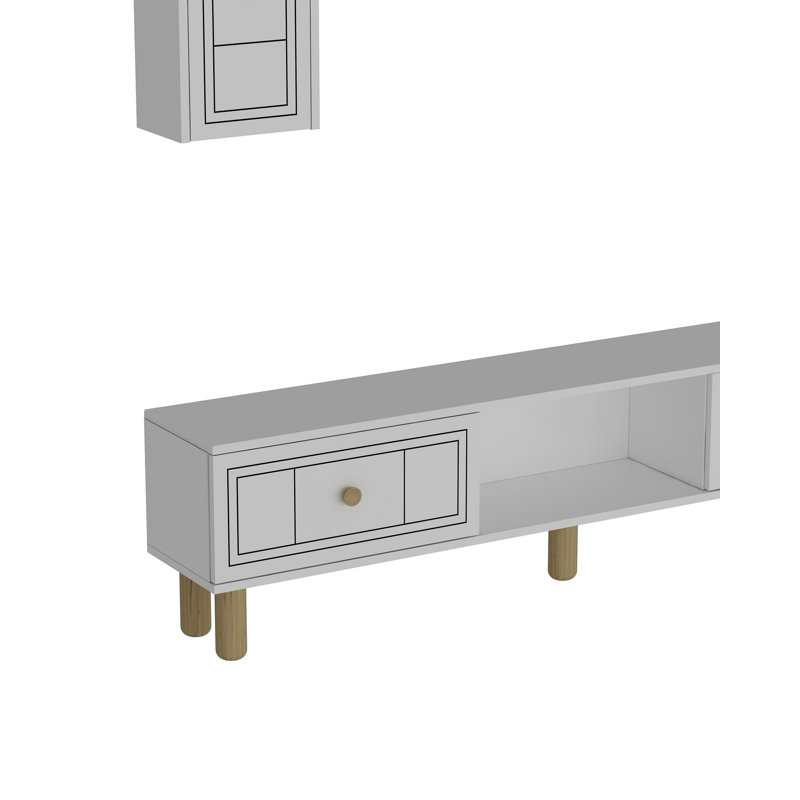Meuble télé blanc moderne avec tablette murale 59,1 po x 17,6 po x 11,6 po | 100% panneau de particules enduit de mélamine, épaisseur: 0,7 pouce | Design scandinave avec de nombreuses tablettes, fixation murale pour élégance et fonctionnalité