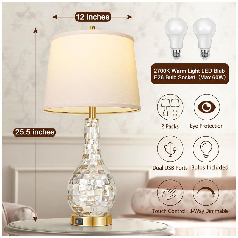 Ensemble de 2 lampes de table en forme de tuile perle dorée, lampe de chevet moderne de style bord de mer avec port USB pour bureau, salon, chambre à coucher, lampe à commande tactile à 3 voies incluse (ampoule DEL 2700K)