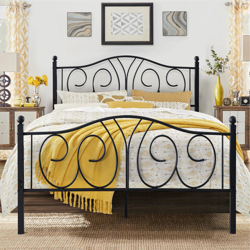 Structure de lit plateforme pleine grandeur moderne en métal noir avec tête et pied de lit, rangement sous le lit de 12,6 po, aucun sommier tapissier requis