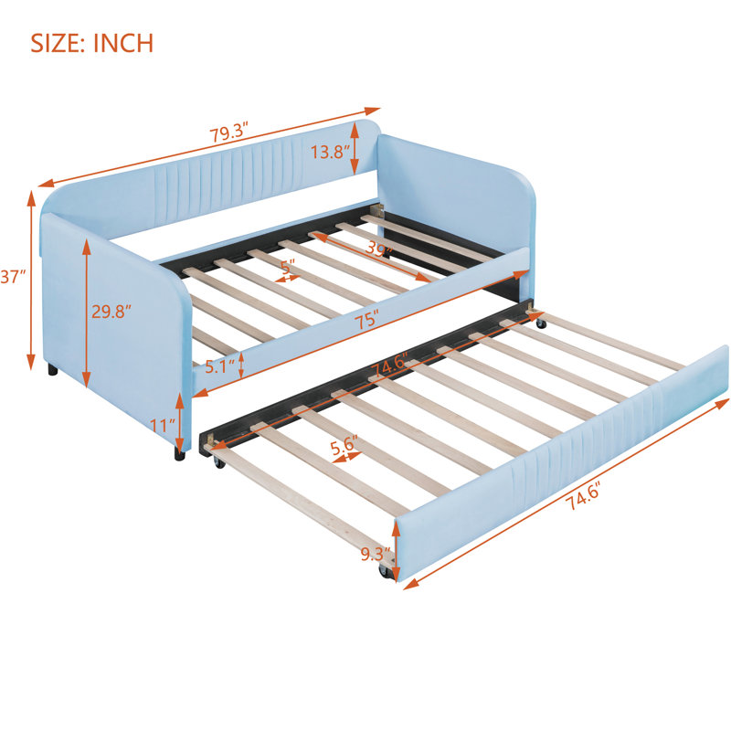 Emeryville Upholstered Daybed with Trundle, Blue