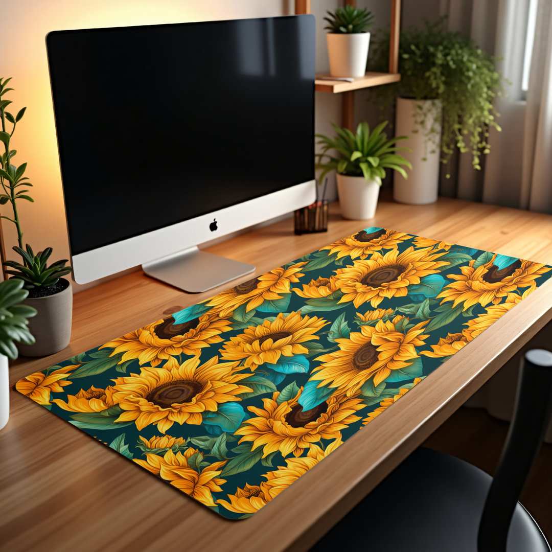 Vibrant Sunflower Desk Mat, Floral Garden Office Decor, Yellow Flower Large Mouse Pad, Nature Aesthetic Desk Pad, Green Teal Leaves