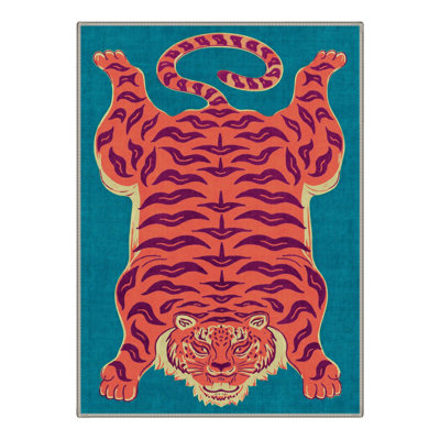 Tapis bleu sarcelle / corail à motif animal lavable à la machine avec envers antidérapant