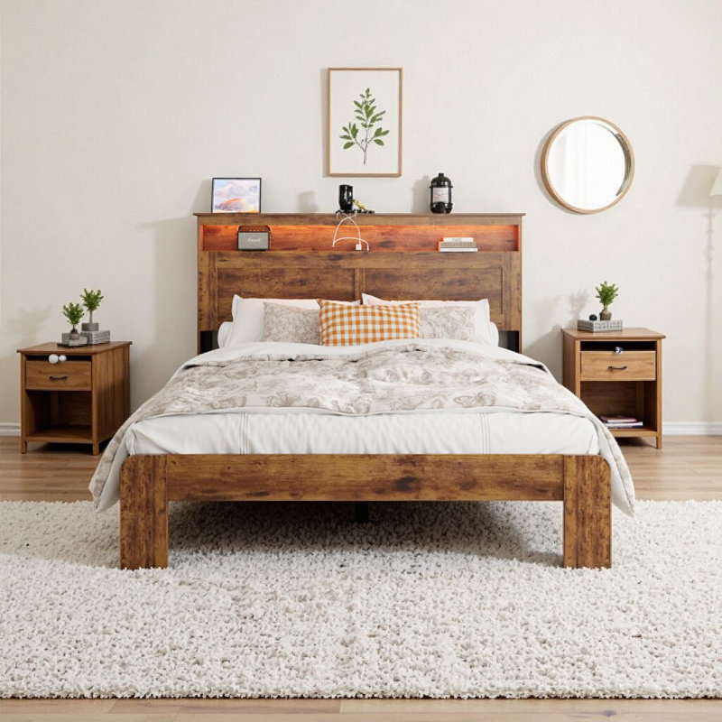 Cadre de lit plateforme moderne brun foncé avec tête de lit à DEL, 2 ports USB et rangement sous le lit - Assemblage sans outil, sans bruit