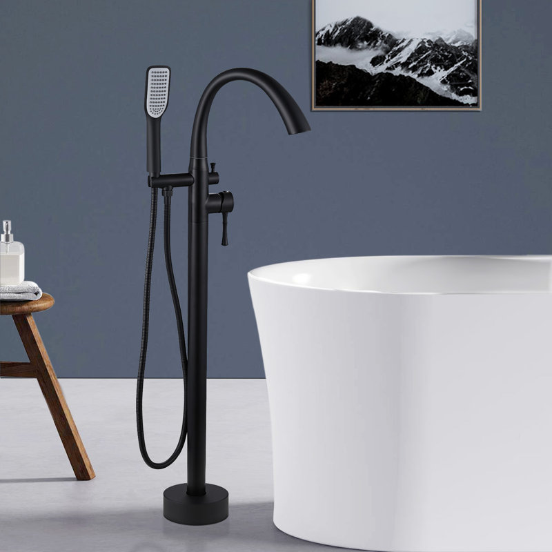 Double Handle Floor Mounted Tub Filler With Handshower, Matte Black