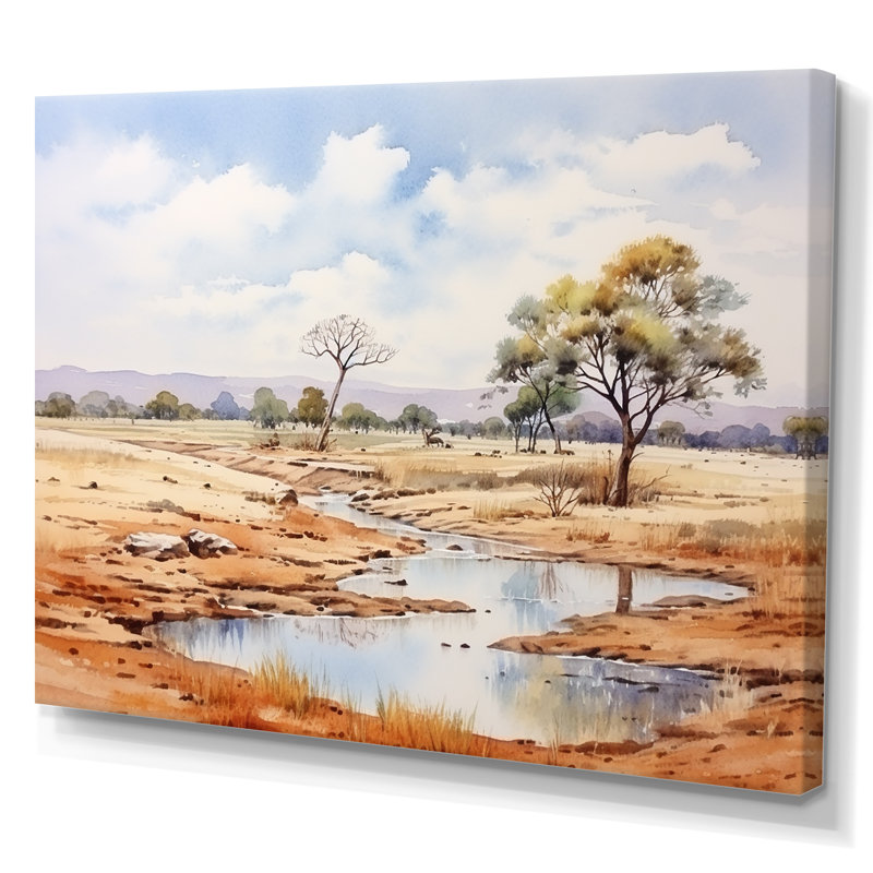 Beige, safari africain, paysage II, art mural Afrique, Toile tendue, H 16 po x l 32 po x P 1 po