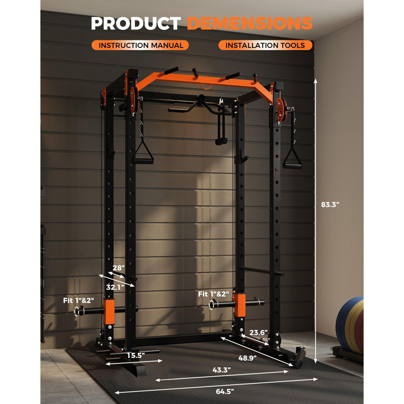 Support de squat multifonctionnel 2000 LBS avec câble croisé et système de conversion LAT, cage d'entraînement compacte en acier au carbone avec accessoires complets pour l'entraînement en force à domicile (orange et noir)