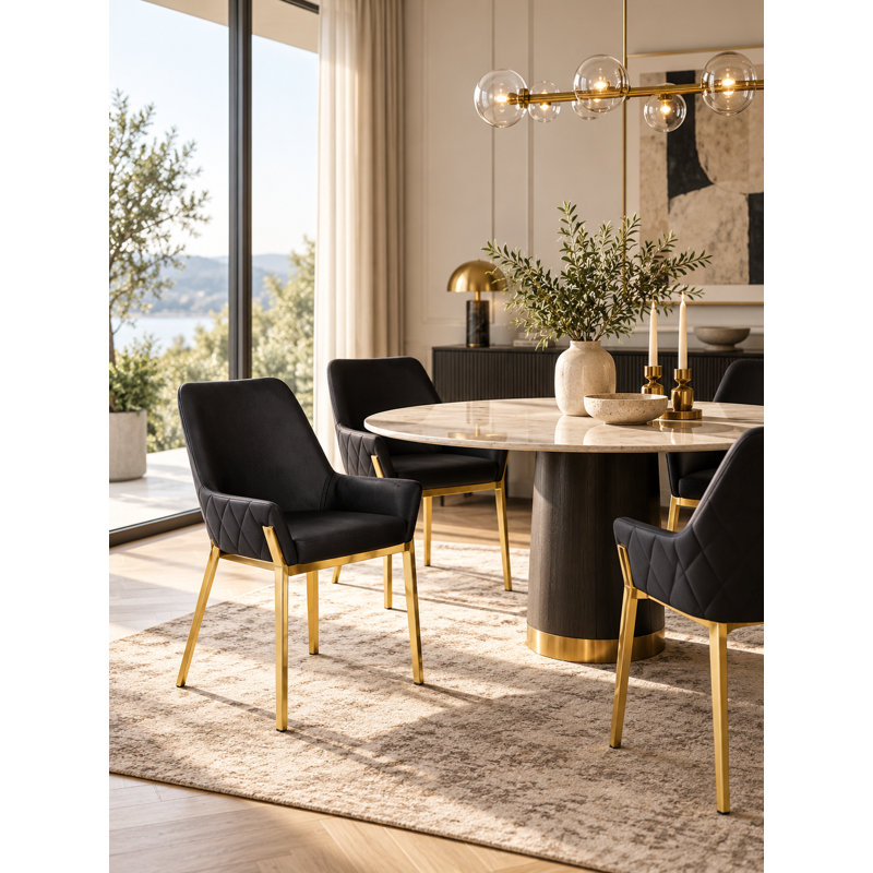 Ensemble de 2 fauteuils de salle à manger rembourrés capitonnés Pangea Home Hudson, Similicuir noir, Doré