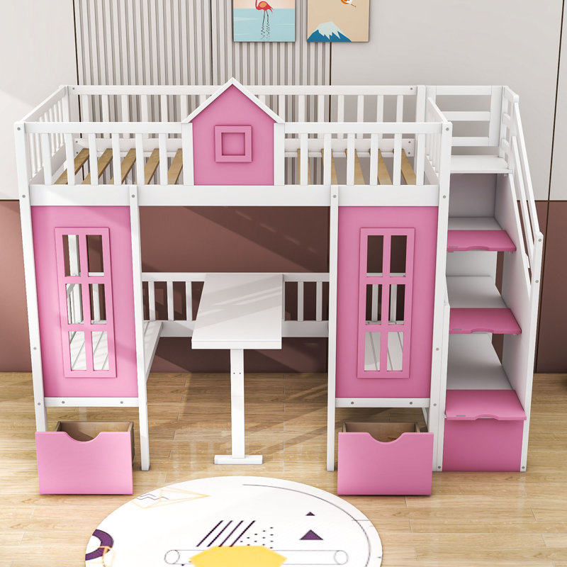 Lit superposé en bois 2 tiroirs avec bureau intégré Hai par Harriet Bee, Rose, Simple sur simple