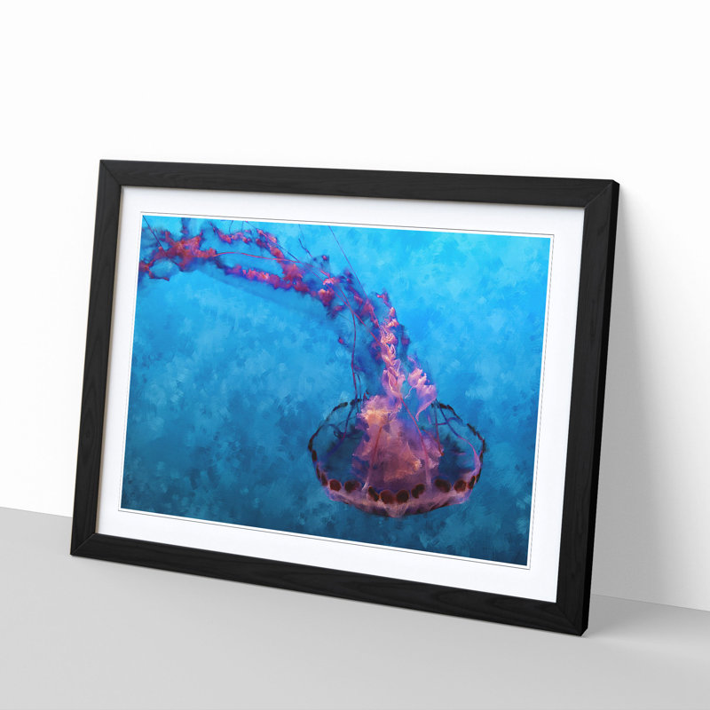 Pink and Blue Jellyfish - Picture Frame Graphic Art Print, 62cm H x 87cm W x 2cm D, Black
