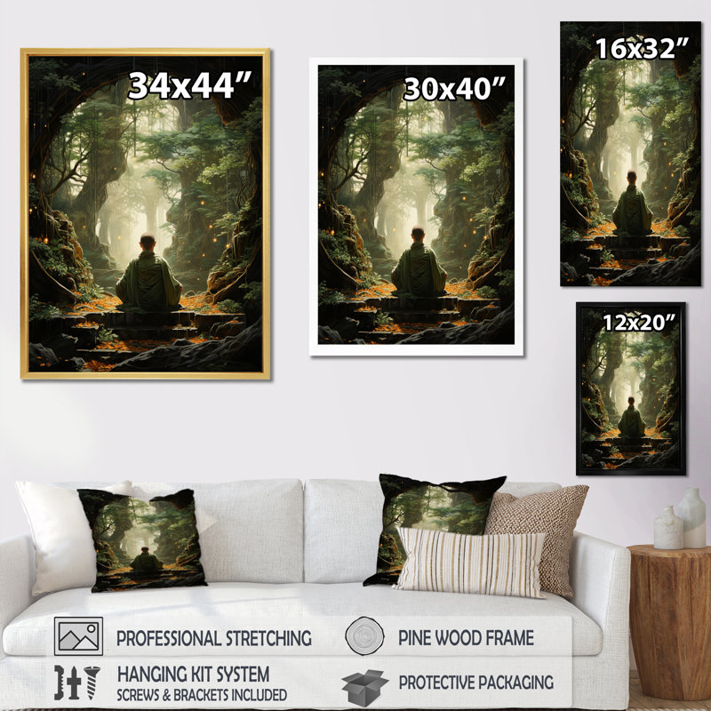 Art bouddhiste vert sur toile vert bouddhiste, Cadre photo noir, L 12 po x H 20 po